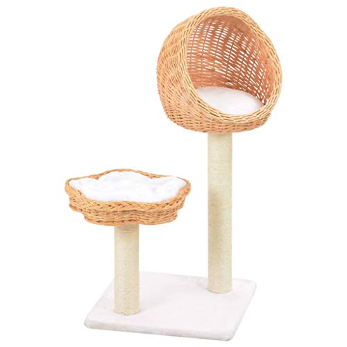 Festnight Rascador para Gatos con Poste de Sisal Madera Natural de Sauce con 2 Cestas y Cojines, Arbol para Gatos