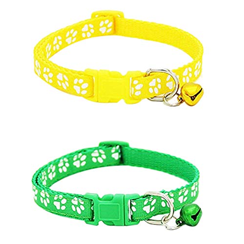 Fransande – Juego de 2 collares de gato ajustables con campana, collar para animal de compañía con estampado de fantasía, collar extraíble de liberación rápida para gatos (verde y amarillo)