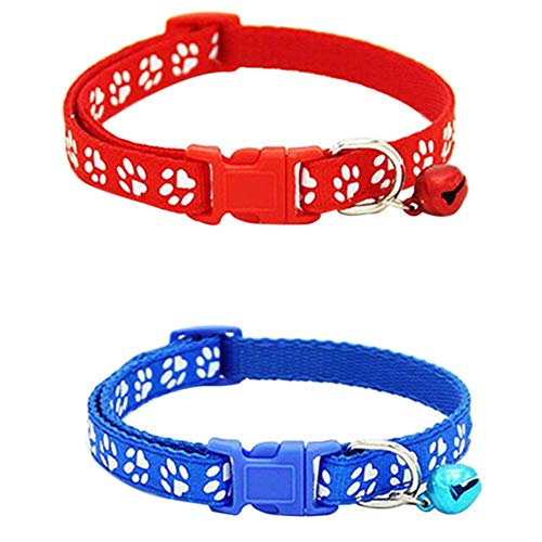 Fransande – Juego de 2 collares de gato ajustables con campana, collar para animal de compañía con estampado de fantasía, collar extraíble de liberación rápida para gatos (rojo y azul)