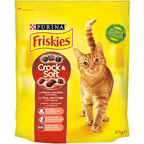 Friskies Crock & Soft - Pienso para Gatos con Carne de Res, Pollo y Verduras, 375 g, Paquete de 12 Unidades