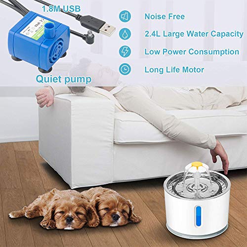 Fuente de agua para gatos, dispensador de agua para mascotas con LED de acero inoxidable, con 6 filtros, bomba de apagado automático inteligente, nivel claramente visible, para animales pequeños