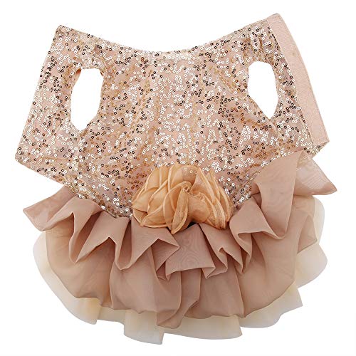 Garosa Vestido De Perro para Mascotas Ropa para Perros Pequeños Lentejuelas Tiquín Sedoso Disfraz De Perrito Princesa Elegante Falda Traje De Boda(S-Beige)