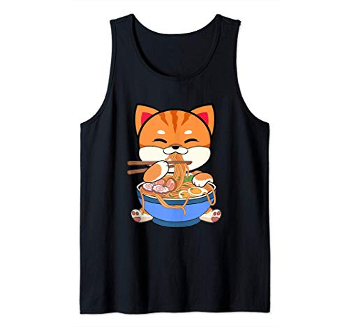 Gato Comiendo Fideos Ramen Gatito Kawaii Divertido Camiseta sin Mangas