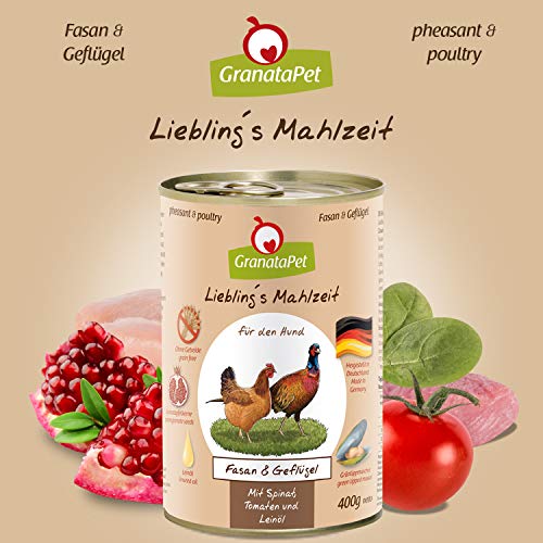 GranataPet Comida húmeda para Perros de Lieblings's Essen, faisán y Aves de Corral, Comida húmeda para Perros, sin Cereales y sin azúcares, alimento Completo, 6 x 400 g