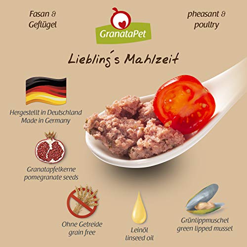 GranataPet Comida húmeda para Perros de Lieblings's Essen, faisán y Aves de Corral, Comida húmeda para Perros, sin Cereales y sin azúcares, alimento Completo, 6 x 400 g