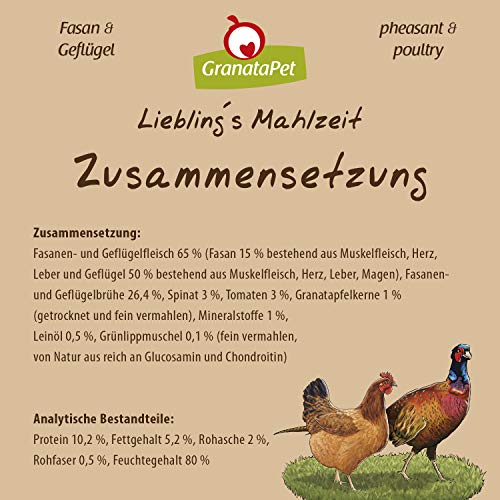 GranataPet Comida húmeda para Perros de Lieblings's Essen, faisán y Aves de Corral, Comida húmeda para Perros, sin Cereales y sin azúcares, alimento Completo, 6 x 400 g