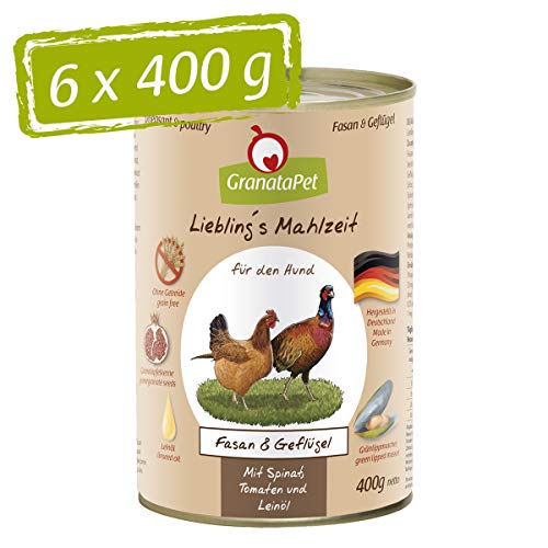 GranataPet Comida húmeda para Perros de Lieblings's Essen, faisán y Aves de Corral, Comida húmeda para Perros, sin Cereales y sin azúcares, alimento Completo, 6 x 400 g