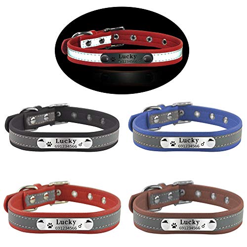 Gulunmun Nombre del Perro Collares Estilo Reflectante Piel Suave Perro de compañía Personalizado Collares Nombre y número de teléfono Grabados-Azul Cielo XS