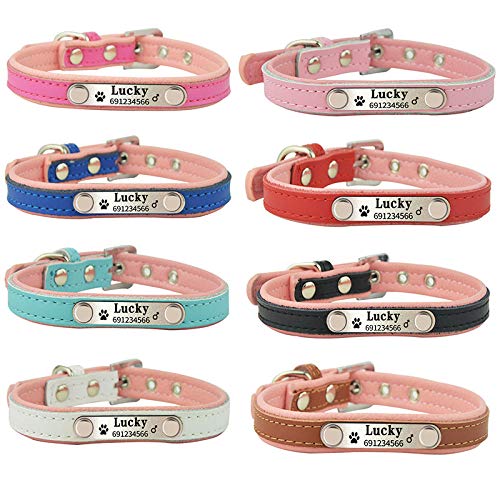 Gulunmun Nombre del Perro Collares Estilo Reflectante Piel Suave Perro de compañía Personalizado Collares Nombre y número de teléfono Grabados-Azul Cielo XS