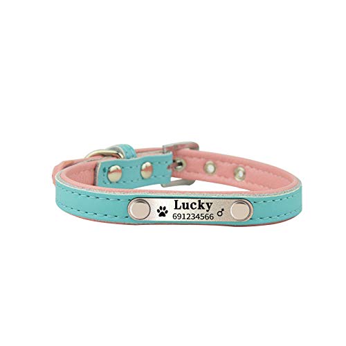Gulunmun Nombre del Perro Collares Estilo Reflectante Piel Suave Perro de compañía Personalizado Collares Nombre y número de teléfono Grabados-Azul Cielo XS