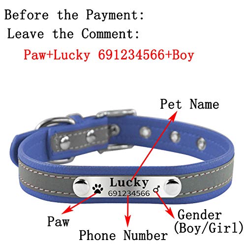 Gulunmun Nombre del Perro Collares Estilo Reflectante Piel Suave Perro de compañía Personalizado Collares Nombre y número de teléfono Grabados-Azul Cielo XS