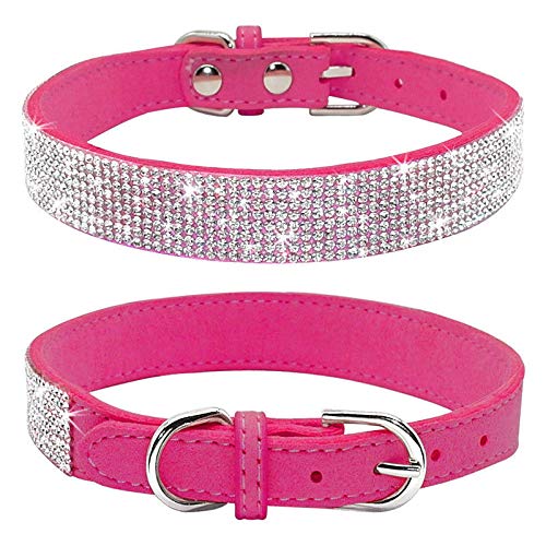 haoyueer Collar de perro con diamantes de imitación, bonito y deslumbrante suave de ante y suave para perro, gato, collar de diamantes de imitación de cristal para mascotas (M, rosa caliente)