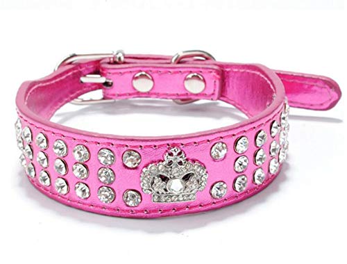Haoyueer Collar de perro con diamantes de imitación de corona de diamantes de imitación de cristal de piel sintética para mascotas y gatos (S, rosa caliente)
