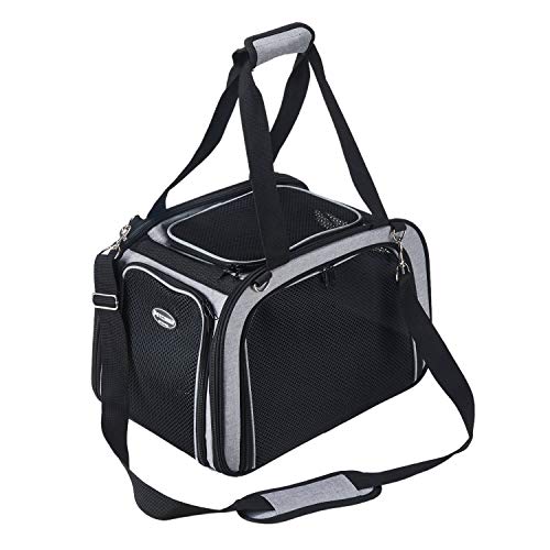 HAPPY HACHI Transportin Perro Pequeño Ligero Cómodo Bolsa Gato para Transporte Gran Espacio con Ventana Malla (43x28x28 cm, Gris)