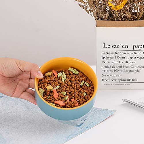 HCHLQLZ Azul Amarillo Ceramica Comedero Perro y Comedero Gato - 2×400 ml - En un Elegante Soporte de bambú - También Adecuado para Perros Grandes/Grandes felinos