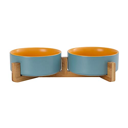 HCHLQLZ Azul Amarillo Ceramica Comedero Perro y Comedero Gato - 2×400 ml - En un Elegante Soporte de bambú - También Adecuado para Perros Grandes/Grandes felinos