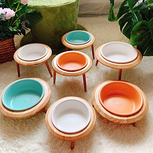 HCHLQLZ Naranja Ceramica Comedero Elevado Perro y Comedero Regulable Gato - 480 ml - En un Elegante Soporte de bambú - (3 métodos de instalación para Diferentes Alturas)