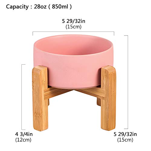HCHLQLZ Rosa Ceramica Comedero Elevado Perro y Comedero Gato - 850 ml - En un Elegante Soporte de bambú - También Adecuado para Perros Grandes/Grandes felinos