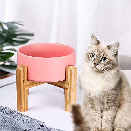 HCHLQLZ Rosa Ceramica Comedero Elevado Perro y Comedero Gato - 850 ml - En un Elegante Soporte de bambú - También Adecuado para Perros Grandes/Grandes felinos