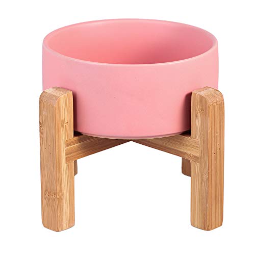 HCHLQLZ Rosa Ceramica Comedero Elevado Perro y Comedero Gato - 850 ml - En un Elegante Soporte de bambú - También Adecuado para Perros Grandes/Grandes felinos