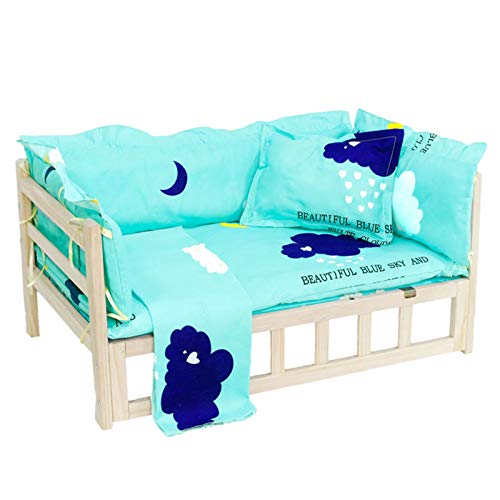 HH- Escaleras de Mascotas Cama para Mascotas Cama Interior de Madera para Perros/Gatos, Madera de Pino de Mascotas Cuna con Peldaños para El Perro Facilitar La Subida A La Cama, Cojín Azul Lago