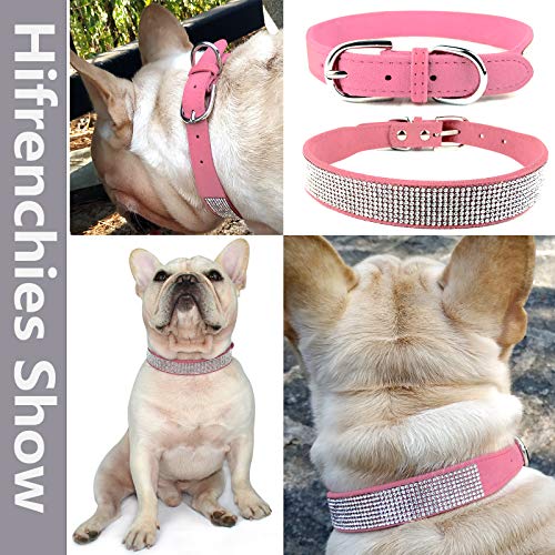 Hifrenchies Collares de piel de ante suave para perros franceses con diamantes de imitación de cristal, collar brillante para gatos, cachorros y otros perros pequeños y medianos (M,Rosa).