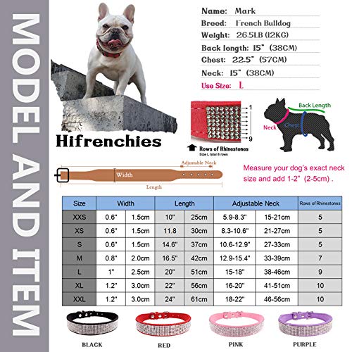 Hifrenchies Collares de piel de ante suave para perros franceses con diamantes de imitación de cristal, collar brillante para gatos, cachorros y otros perros pequeños y medianos (M,Rosa).