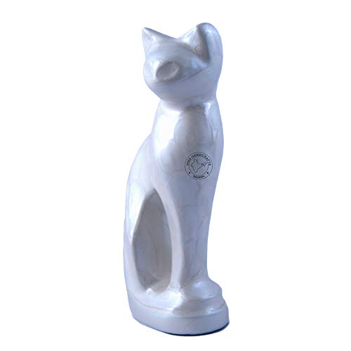Hind Handicrafts Urnas de cremación de gatos contemporáneas de aluminio para cenizas – Urna conmemorativa de mascotas pacíficas para gatos (15 pulgadas cúbicos), color blanco