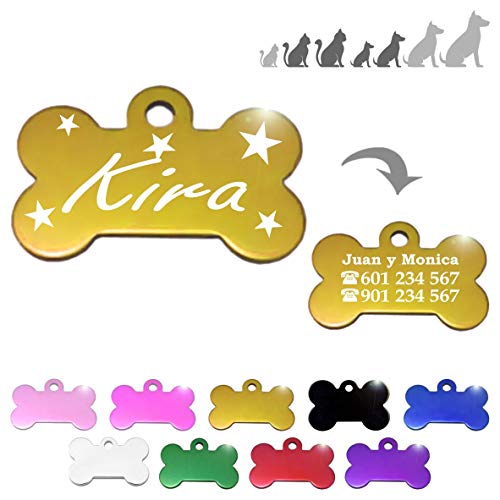 Hueso para Mascotas pequeñas-Medianas con Estrellas Placa Chapa Medalla de identificación Personalizada para Collar Perro Gato Mascota grabada (Dorado)
