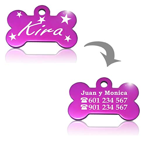 Hueso para Mascotas pequeñas-Medianas con Estrellas Placa Chapa Medalla de identificación Personalizada para Collar Perro Gato Mascota grabada (Lila)