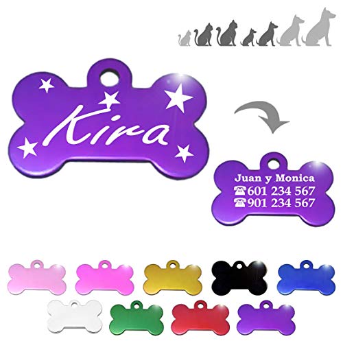 Hueso para Mascotas pequeñas-Medianas con Estrellas Placa Chapa Medalla de identificación Personalizada para Collar Perro Gato Mascota grabada (Lila)