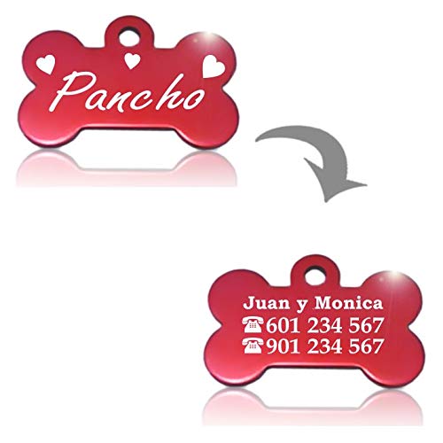 Iberiagifts - Hueso para Mascotas Medianas-Grandes con Corazones Placa Chapa de identificación Personalizada para Collar Perro Gato Mascota grabada (Azul)
