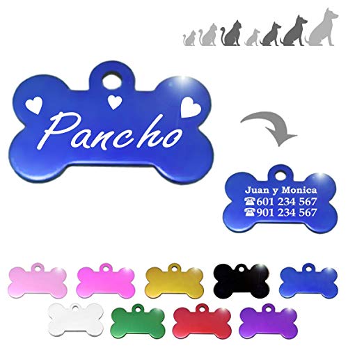 Iberiagifts - Hueso para Mascotas Medianas-Grandes con Corazones Placa Chapa de identificación Personalizada para Collar Perro Gato Mascota grabada (Azul)