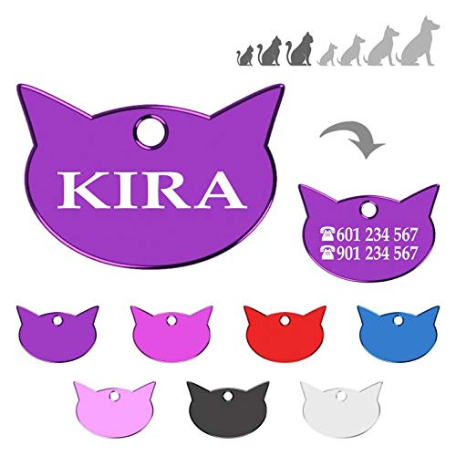Iberiagifts - Placa en Forma de Cara de Gato para Gatos de Todas Las Edades Chapa Medalla de identificación Personalizada para Collar Perro Mascota grabada (Lila)