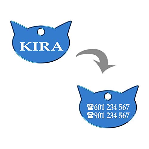 Iberiagifts - Placa en Forma de Cara de Gato para Gatos de Todas Las Edades Chapa Medalla de identificación Personalizada para Collar Perro Mascota grabada (Azul)