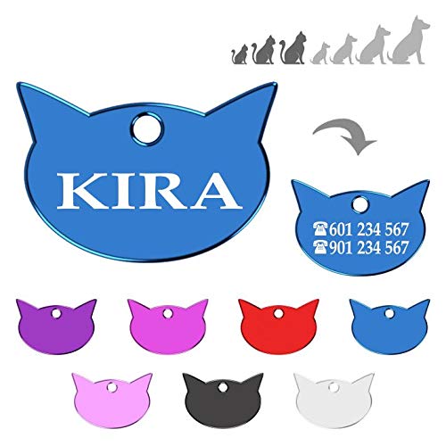 Iberiagifts - Placa en Forma de Cara de Gato para Gatos de Todas Las Edades Chapa Medalla de identificación Personalizada para Collar Perro Mascota grabada (Azul)