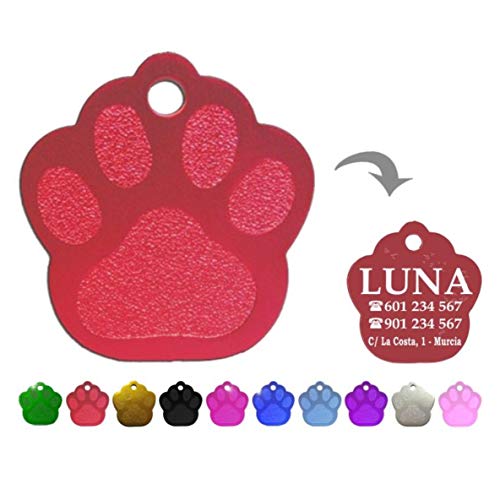Iberiagifts - Placa en Forma de Huella para Mascotas Medianas-Grandes Chapa Medalla de identificación Personalizada para Collar Perro Gato Mascota grabada (Rojo)