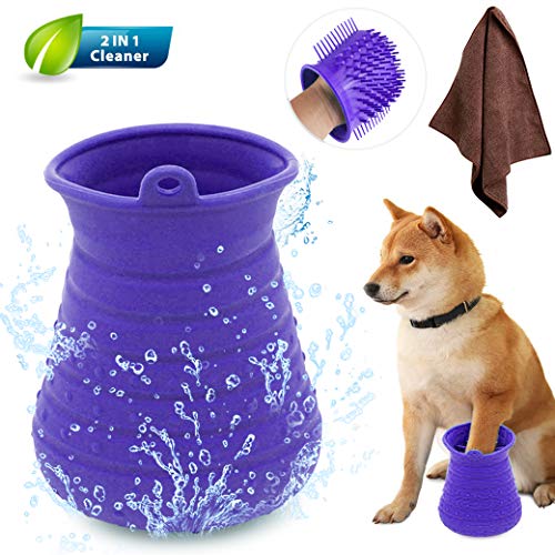 Idepet Limpiador de Huellas para Perros,Perros Lavadora Portatil,Cepillo De Limpieza para Mascotas con Toalla Pet Paw Cleaner para Perros Gatos Masaje Aseo Sucio Garras Púrpura