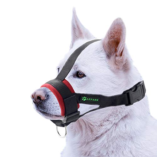 ILEPARK Bozal Suave para Perros Nylon Grandes Pequeños Medianos, Previene Mordidas, Ladridos y Que Mastiquen, Bozal Lazo Ajustable(M,Rojo)