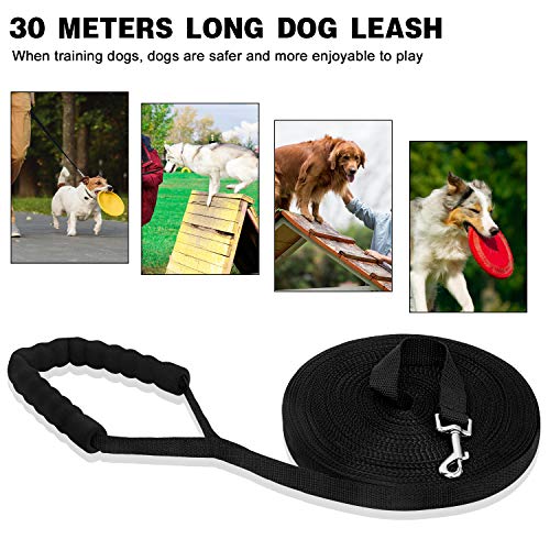 iNeego Correa Perro Adiestramiento 30 Metros Correa de Adiestramiento para Perros 30m Correas Básicas Nylon Resistente para Camping Paseo Longitud (30M con Mango, Negro)