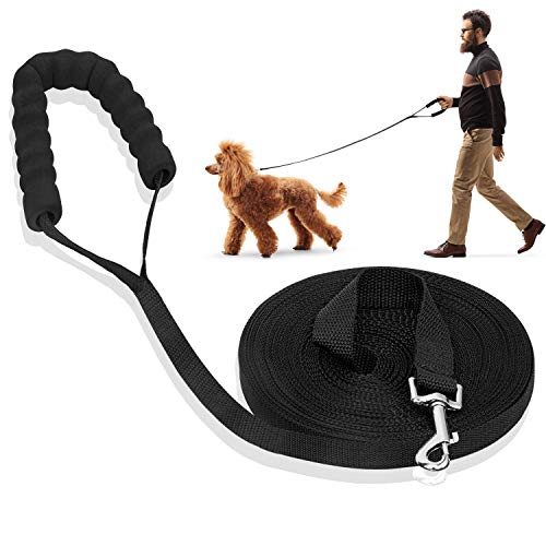 iNeego Correa Perro Adiestramiento 30 Metros Correa de Adiestramiento para Perros 30m Correas Básicas Nylon Resistente para Camping Paseo Longitud (30M con Mango, Negro)