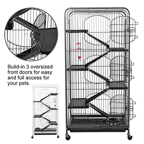 Jaula de metal para conejos de 5 pisos, con 3 puertas delanteras Casa de ratas para conejillos de indias, acceso fácil y completo para sus mascotas, omes con botella de agua y caja de comida(negro)
