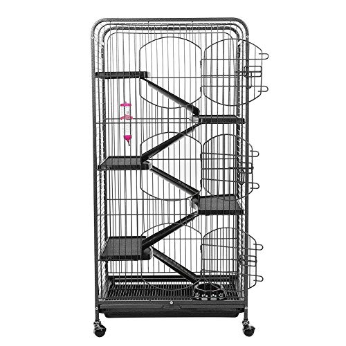 Jaula de metal para conejos de 5 pisos, con 3 puertas delanteras Casa de ratas para conejillos de indias, acceso fácil y completo para sus mascotas, omes con botella de agua y caja de comida(negro)