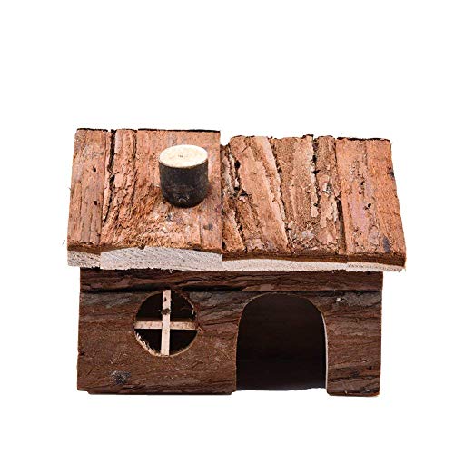 Jaula para hámster de madera natural, para animales pequeños, casa con chimenea para ratas de mascotas Gerbil Hideout Play House (S)