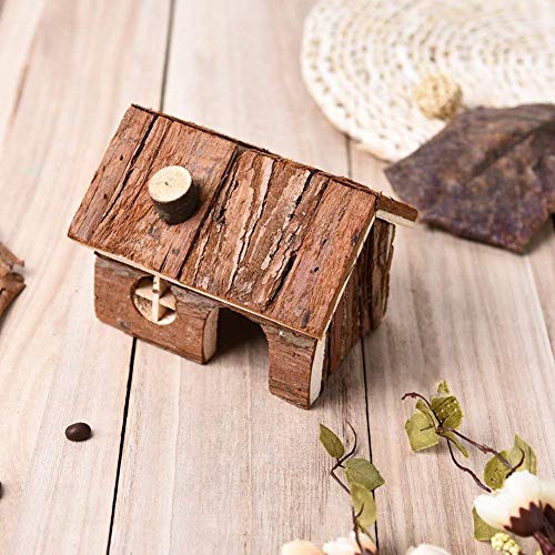 Jaula para hámster de madera natural, para animales pequeños, casa con chimenea para ratas de mascotas Gerbil Hideout Play House (S)