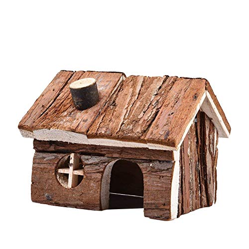Jaula para hámster de madera natural, para animales pequeños, casa con chimenea para ratas de mascotas Gerbil Hideout Play House (S)