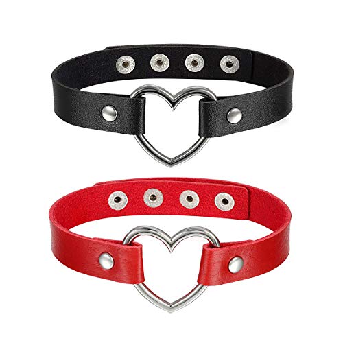 JIeGuanG Collar en forma de corazón, 2 piezas de collar corto de cuero con tachuelas, negro y rojo
