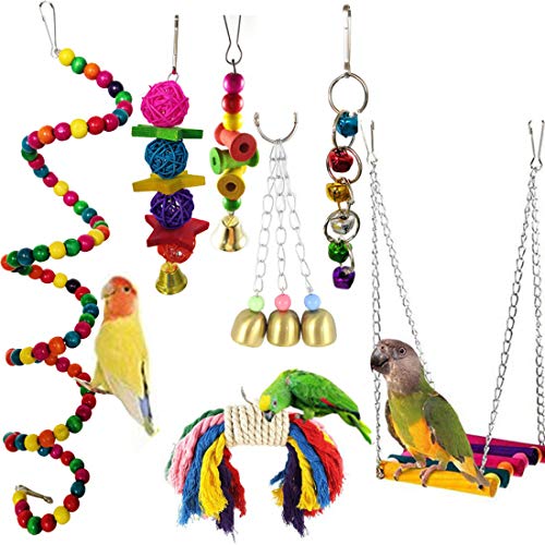 Juguetes de Loro Pájaro, Camiter 7pcs Juguetes para Pájaros Juguete Colgante para Mascotas con Campanas,Columpios,Juguete de Masticación para Pequeños y Medianos Loros de Aves, Periquitos, Pinzones