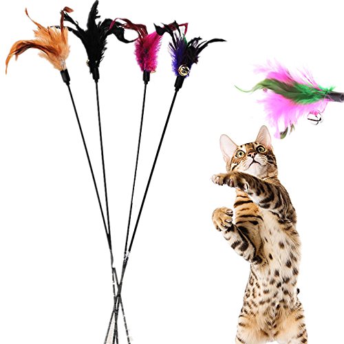 Katzen Spielzeug Gatos Juguete Gato Pesca Parte Angel Campanas y Plumas auténticas para Gatos – Pack de 4