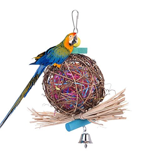 Keersi Juguete para masticar pájaros, bola de ratán natural, viene con tiras de papel para loros, periquitos, cacatúas, cortones, cacatúas, guacamayos, ecléctos de Amazon
